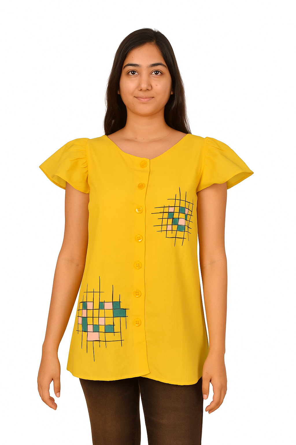Mustard Yellow Pochampally Cotton Top with Handpainted Design